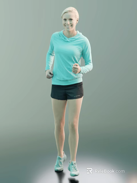 A Woman Wearing Light Blue Hooded Long Sleeve Top and Black Shorts Jogging 3d model 