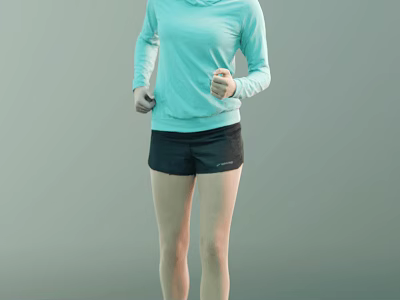 A Woman Wearing Light Blue Hooded Long Sleeve Top and Black Shorts Jogging 3d model