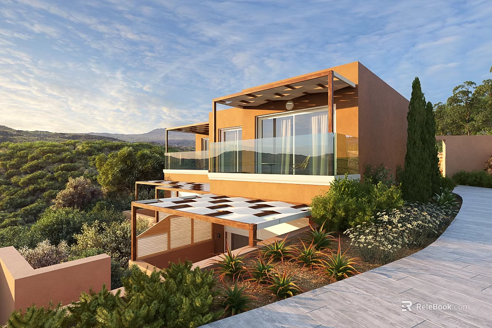 Modern Detached Villa Exterior With Orange Facade Glass Balcony And Lush Greenery Surroundings 3d model 