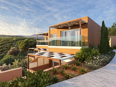 Modern Detached Villa Exterior With Orange Facade Glass Balcony And Lush Greenery Surroundings 3d model