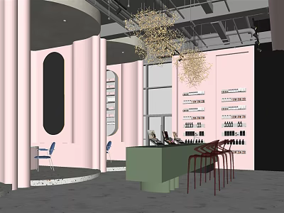 Beauty Hair Salon Interior With Pink Walls Round Mirrors Green Counter Chandeliers And Product Displays 3d model