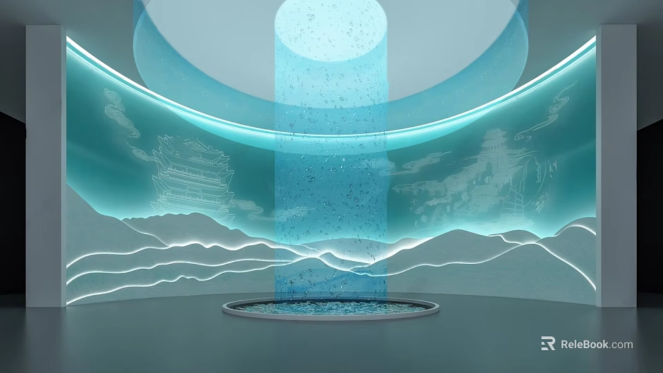 Exhibition Hall with Modern Technology Traditional Elements Blue Curved Structures Transparent Cylinder and Mountain Silhouettes 3d model 