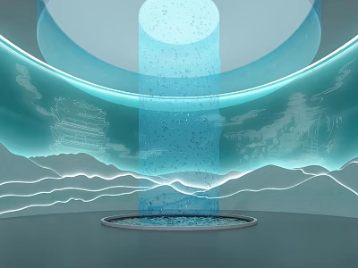 Exhibition Hall with Modern Technology Traditional Elements Blue Curved Structures Transparent Cylinder and Mountain Silhouettes 3d model