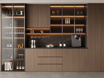 Modern Wooden Sideboard With Glass Doors Open Shelves Built-in Lighting And Wine Storage 3d model