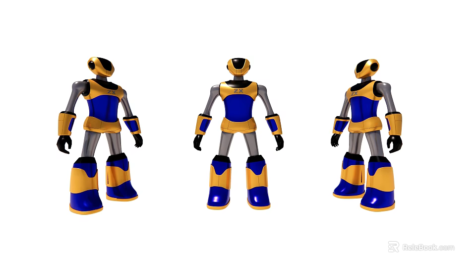Smart Robot Featuring Three Angles Blue Yellow Metallic Body Front Side Back Views 3d model 
