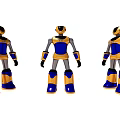 Smart Robot Featuring Three Angles Blue Yellow Metallic Body Front Side Back Views