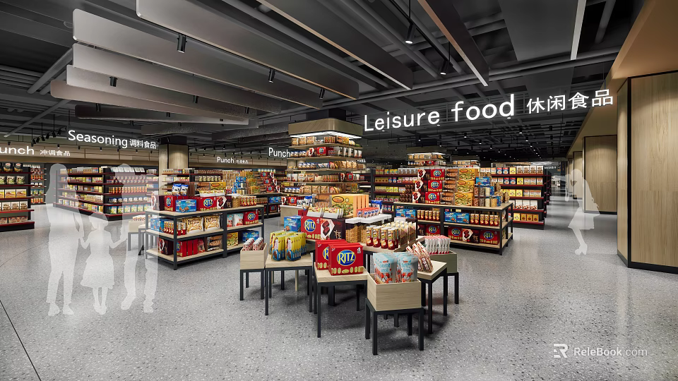 Well Stocked Supermarket Interior With Leisure Food Seasoning Shelves And Display Tables 3d model 