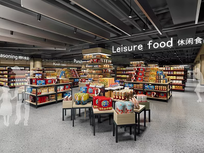 Well Stocked Supermarket Interior With Leisure Food Seasoning Shelves And Display Tables 3d model
