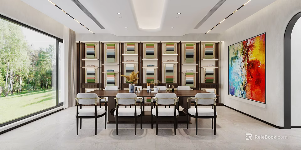 Elegant Modern Dining Room Interior With Wooden Table White Chairs Bookshelves And Decorative Painting 3d model 