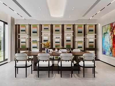 Elegant Modern Dining Room Interior With Wooden Table White Chairs Bookshelves And Decorative Painting 3d model