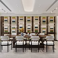 Elegant Modern Dining Room Interior With Wooden Table White Chairs Bookshelves And Decorative Painting