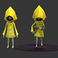 Two Characters In Yellow Hooded Raincoats Holding Guitar Standing On Platform Against Gray Background