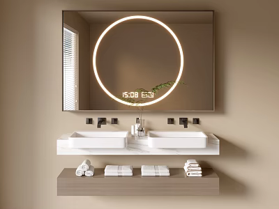Modern Bathroom Vanity Cabinet With Double Sinks Circular LED Mirror And Folded Towels On Shelf 3d model