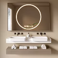 Modern Bathroom Vanity Cabinet With Double Sinks Circular LED Mirror And Folded Towels On Shelf