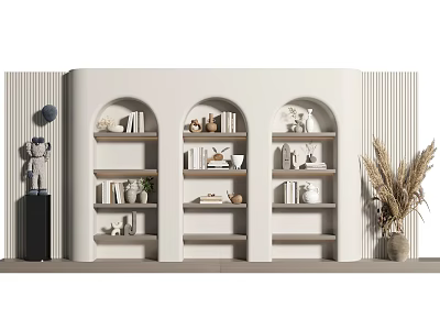 Stylish Modern Background Wall Design With Arched Niches Built in Bookshelves Books And Decorative Plants 3d model
