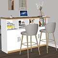 Modern Home Bar Space With Two Beige Bar Stools Wooden Counter And Living Room Decor