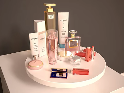 Elegant Perfumes and Cosmetics Collection Featuring Bottles Jars Lipsticks And Compacts On White Tray 3d model