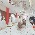Elegant Wedding Dress Store Interior With Displayed Gowns Chandelier And Comfortable Seating