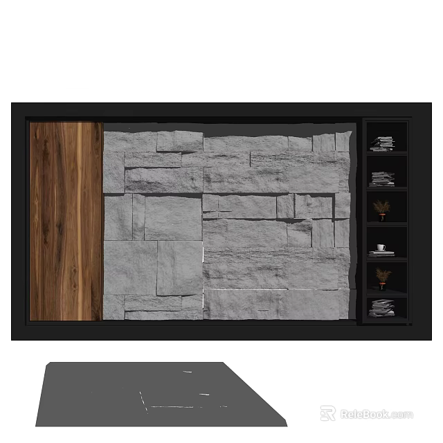 Modern TV Background Wall Design With Stone Texture Wooden Panel Black Frame And Decorative Shelves 3d model 