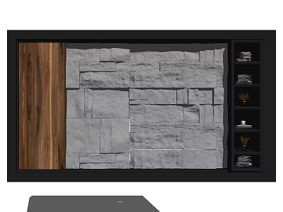 Modern TV Background Wall Design With Stone Texture Wooden Panel Black Frame And Decorative Shelves 3d model