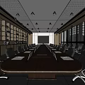 Modern Conference Room Design with Long Table Black Chairs Wooden Bookshelves Large Windows Projection Screen
