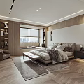Modern Bedroom Interior Design With Built in Shelves Wooden Elements and Ceiling Lights