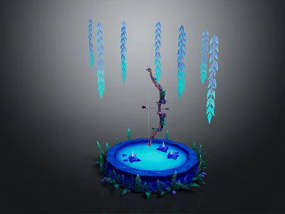 3D Decorative Scene With Blue Platform Hanging Leaf Structures Green Plants And Glowing Elements 3d model