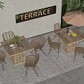 Outdoor Terrace Rattan Table and Chair Set With Umbrella Plants and Dining Accessories
