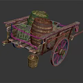 Vintage Old Wooden Cart Featuring Rustic Barrels Small Cage And Wooden Wheels