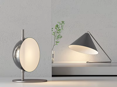 Modern Table Lamps Featuring Metal Base White Shade And Black Cone Shade With Green Plant 3d model