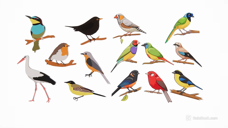 Different Colorful Bird Silhouettes Perched On Various Wooden Branches In Nature 3d model 