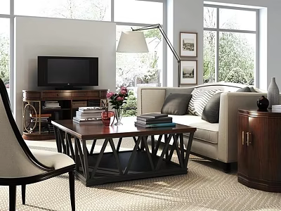 Light Colored Sofa And Geometric Coffee Table Set With TV Stand Floor Lamp And Decorations 3d model