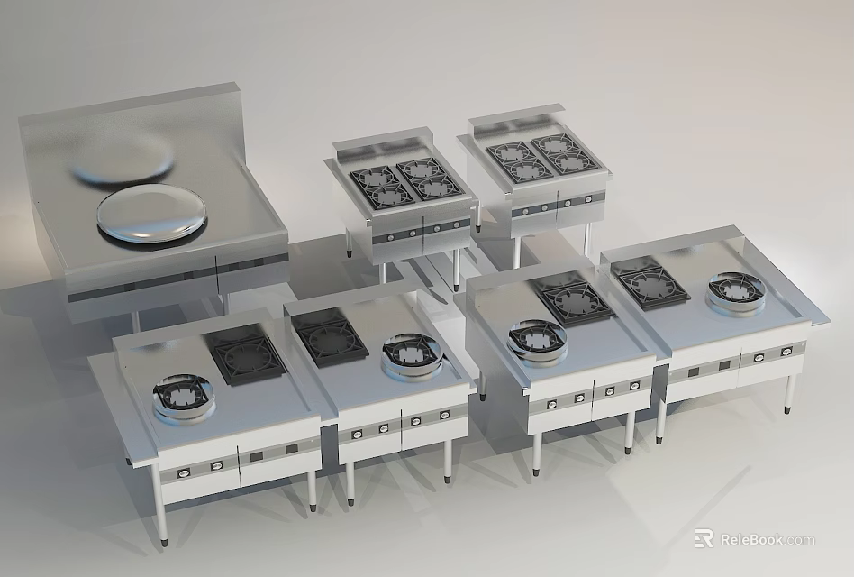 Stainless Steel Commercial Kitchen Cooking Equipment With Multiple Burners And Storage Cabinets 3d model 