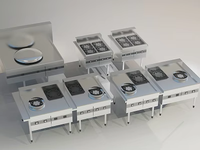 Stainless Steel Commercial Kitchen Cooking Equipment With Multiple Burners And Storage Cabinets 3d model
