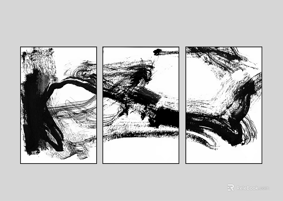 Black and White Abstract Painting Triptych With Fluid Brushstrokes And Ink Style 3d model 