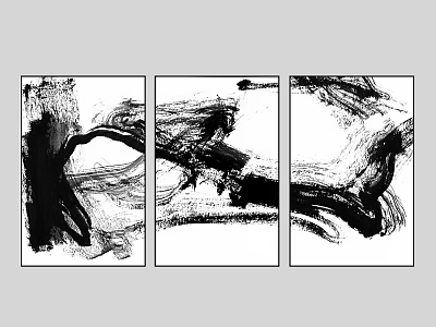 Black and White Abstract Painting Triptych With Fluid Brushstrokes And Ink Style 3d model