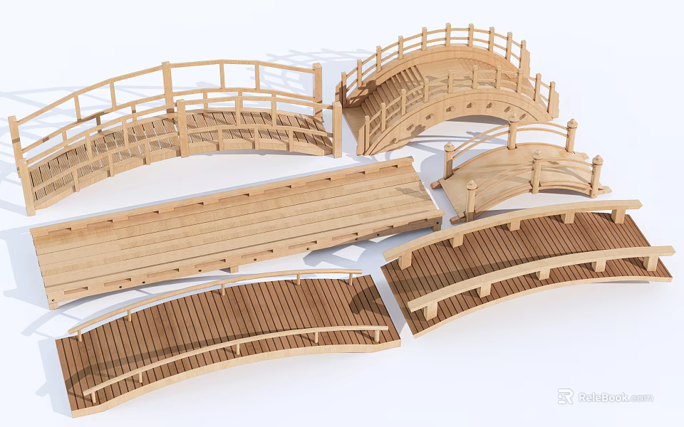 Wooden Landscape Bridge With Curved Structure Railing And Various Designs 3d model 