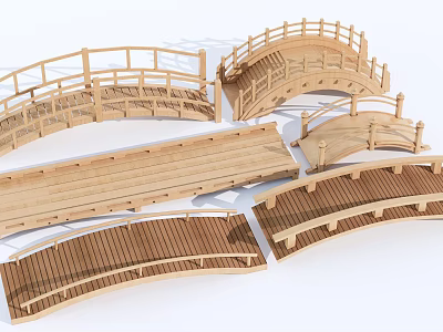 Wooden Landscape Bridge With Curved Structure Railing And Various Designs 3d model