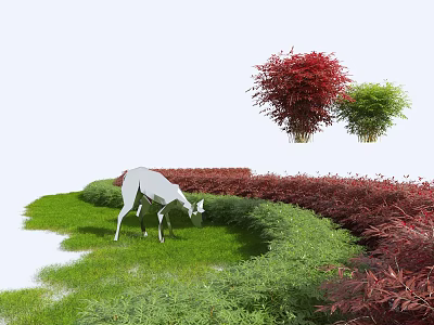 Green And Red Garden Shrubs With Deer Grazing On Lush Grass 3d model