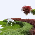 Green And Red Garden Shrubs With Deer Grazing On Lush Grass