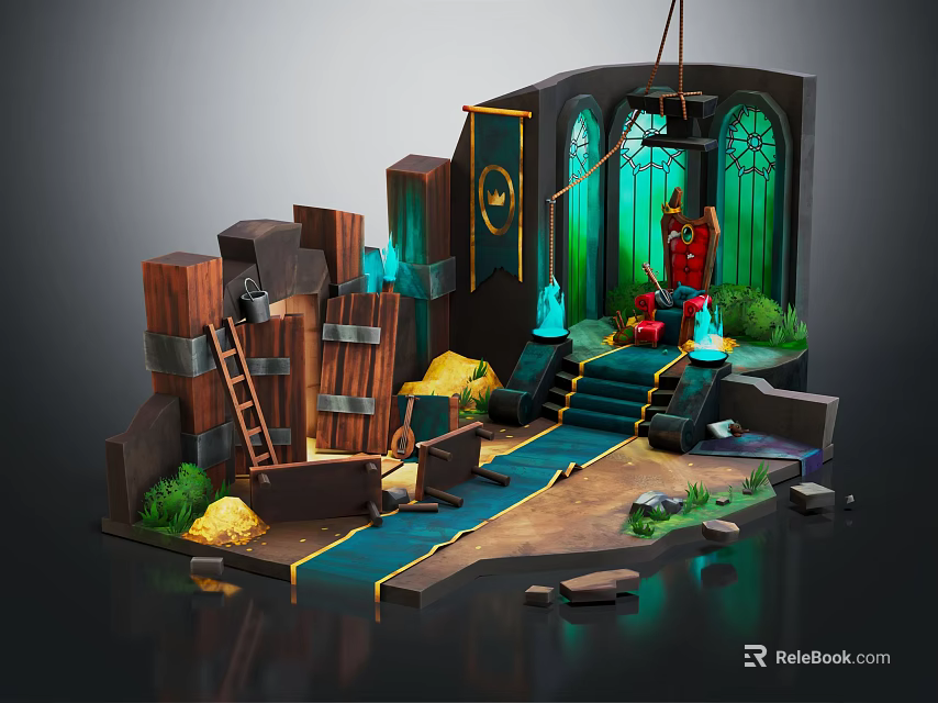 3D Fantasy Scene With Wooden Structures Ladder Treasure Chest Gold Coins Green Lighting Steps Plants 3d model 