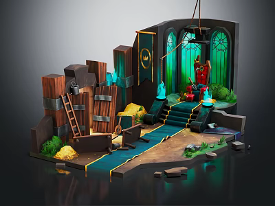 3D Fantasy Scene With Wooden Structures Ladder Treasure Chest Gold Coins Green Lighting Steps Plants 3d model