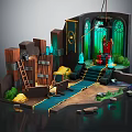 3D Fantasy Scene With Wooden Structures Ladder Treasure Chest Gold Coins Green Lighting Steps Plants