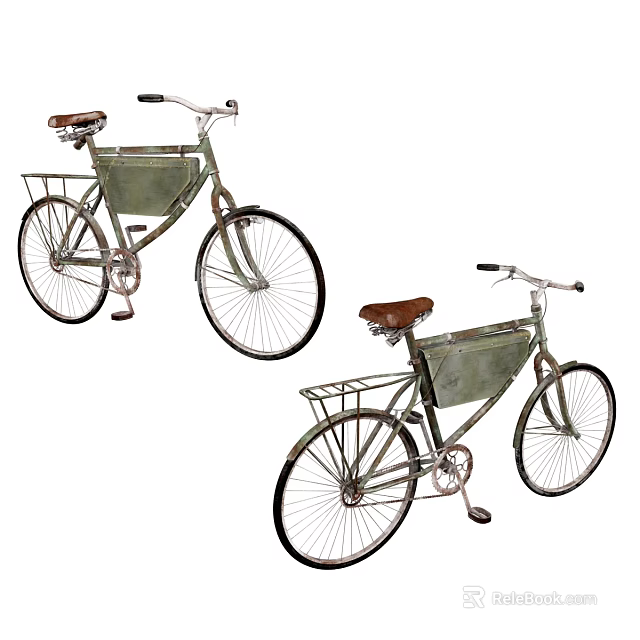 Two Vintage Bicycles With Brown Leather Seats And Metal Front Baskets 3d model 