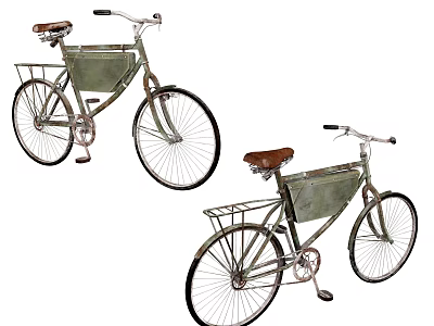 Two Vintage Bicycles With Brown Leather Seats And Metal Front Baskets 3d model