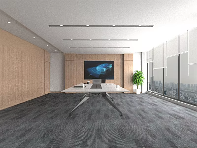 Modern Conference Room Interior With Long Table Large Screen Green Plant And City View 3d model