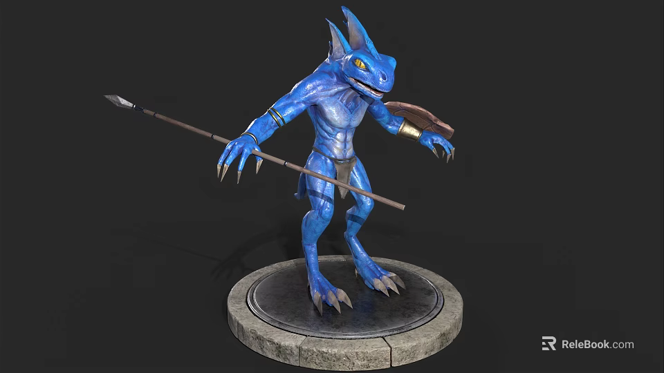 Mythical Blue Lizard Creature With Spear Standing On Round Stone Platform 3d model 