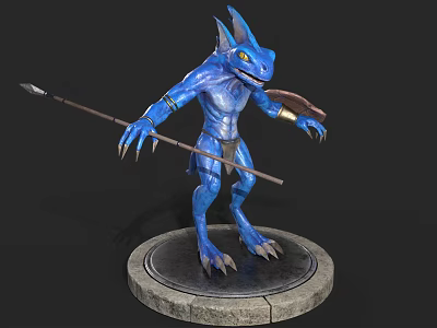 Mythical Blue Lizard Creature With Spear Standing On Round Stone Platform 3d model