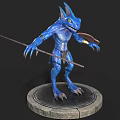 Mythical Blue Lizard Creature With Spear Standing On Round Stone Platform 3d model