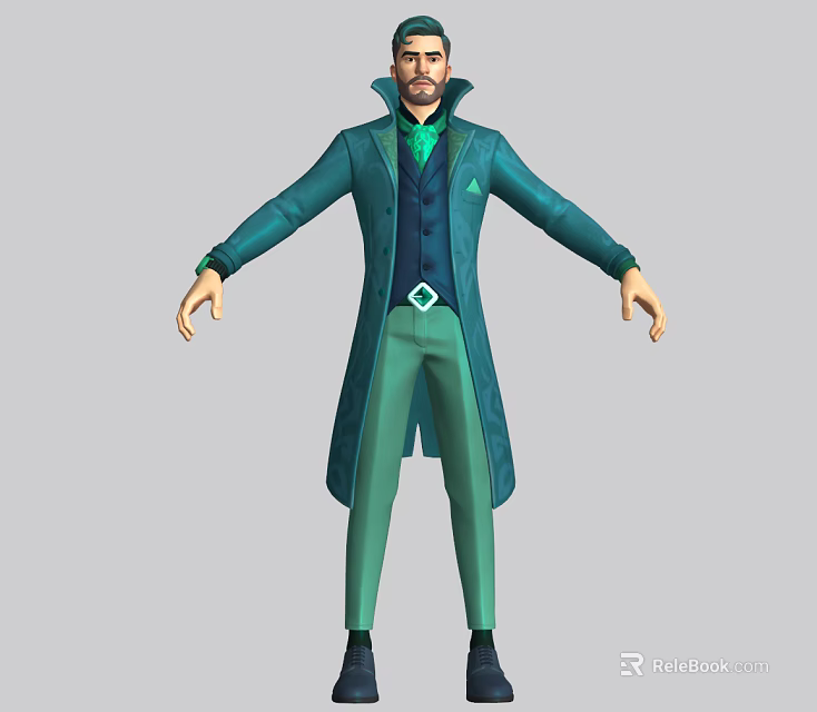 Game And Movie Character In Green Coat Dark Vest With Green Diamond Decoration 3d model 